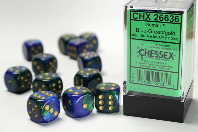 Gemini | 16mm d6 | Blue-Green/Gold | 12 Die Set