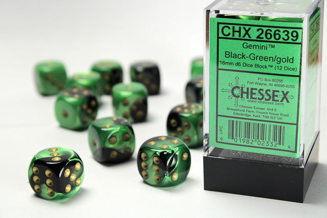 Gemini | 16mm d6 | Black-Green/Gold | 12 Die Set