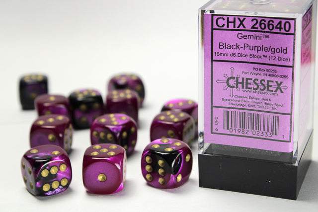 Gemini | 16mm d6 | Black-Purple/Gold | 12 Die Set