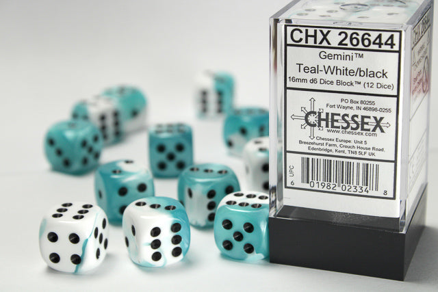 Gemini | 16mm d6 | Teal-White/Black | 12 Die Set