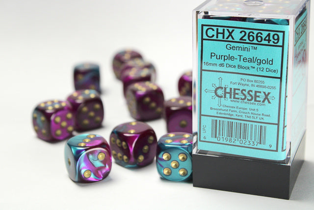 Gemini | 16mm d6 | Purple-Teal/Gold | 12 Die Set