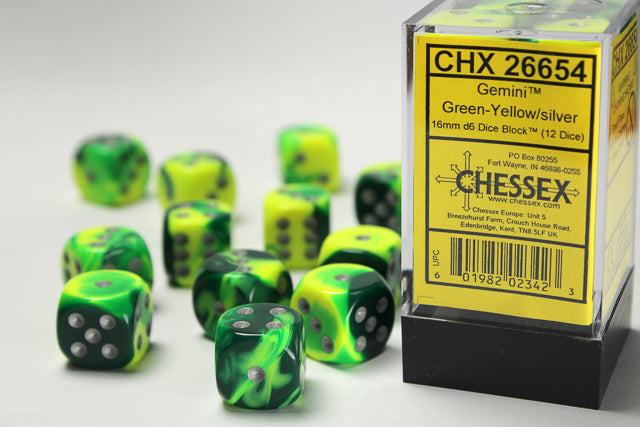 Gemini | 16mm d6 | Green-Yellow/Silver | 12 Die Set