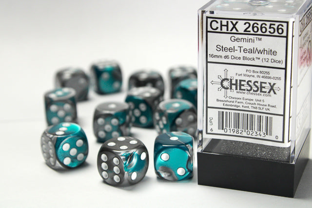 Gemini | 16mm d6 | Steel-Teal/White | 12 Die Set