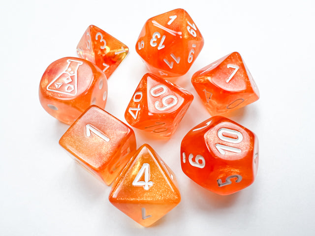 Lab Dice | Borealis Polyhedral | Blood Orange/white Luminary | 7-Die Set