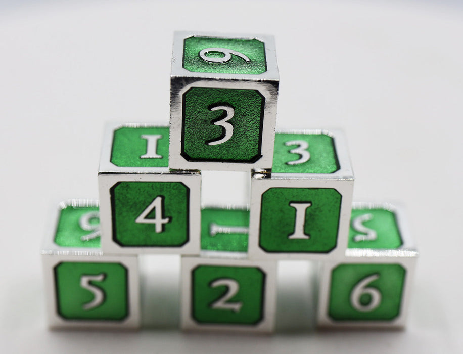 Foam Brain | Metal D6 Dice Set | Green & Silver